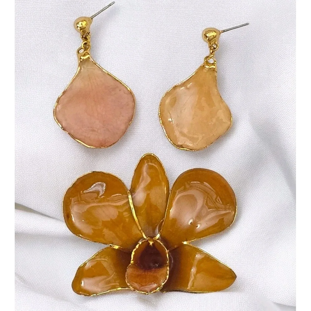 Vintage SPK Tai Flora Real Orchid Brooch & Earring Set 24kt Gold Plate Orig Box